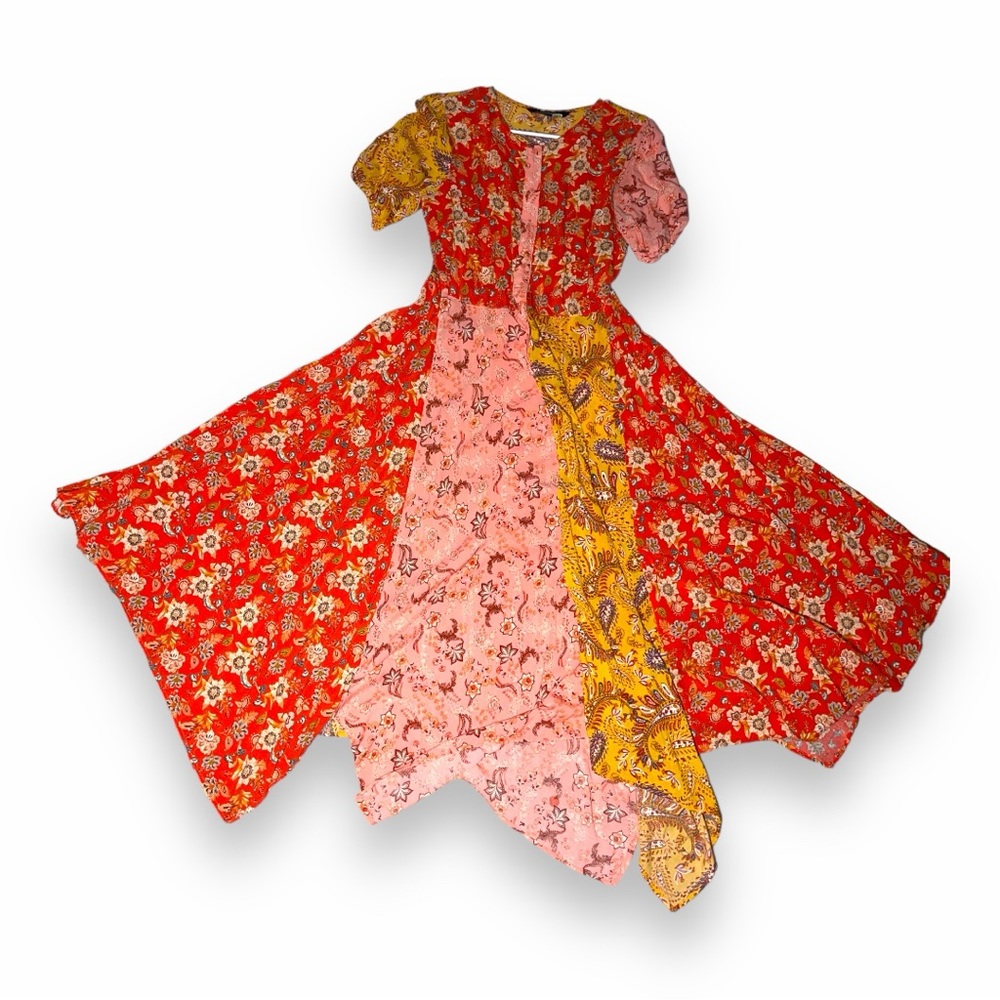 Zara Patchwork Floral Print Maxi Handkerchief Hem Dress Bloggers Favorite  M